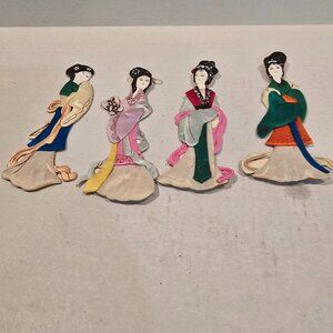 Chinese Ladies Set of 4 Hand-painted Silk on Paper 6.5" height 1980s
